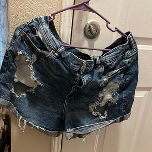 Denim Distressed Roll-Hem Women's Shorts - Dark Blue